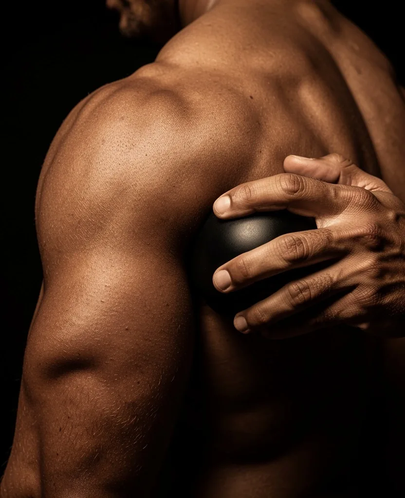 Athlete using a massage ball on shoulder muscles